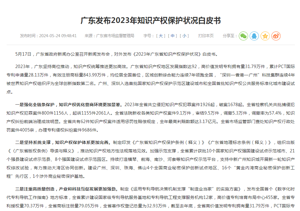 广东发布2023年知识产权保护状况白皮书