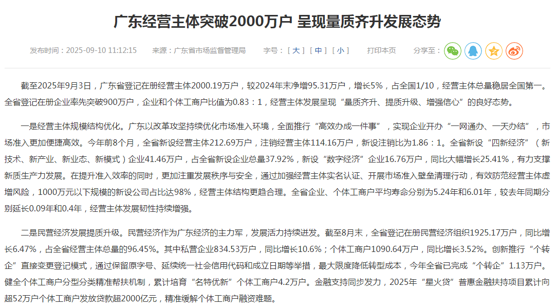 广东经营主体突破2000万户 呈现量质齐升发展态势